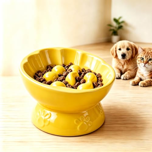 Ceramic Slow Feeder Cat Bowl, Elevated Tilted Design, Yellow - color: yellow