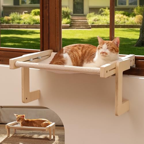 FUKUMARU Cat Window Perch, Sturdy Wood Hammock Window Bed for Indoor Cats - color: Beige