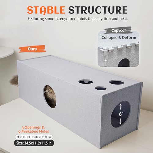 PETKARAY Cat Tunnel, Original Cat Hideaway Cave for Indoor Cats, Large Kitten Play Tubes and Tunnels, Soft Felt Cat Toy with Interactive Peek Hole， Grey Straight - color: Grey, size: Straight Tunnel