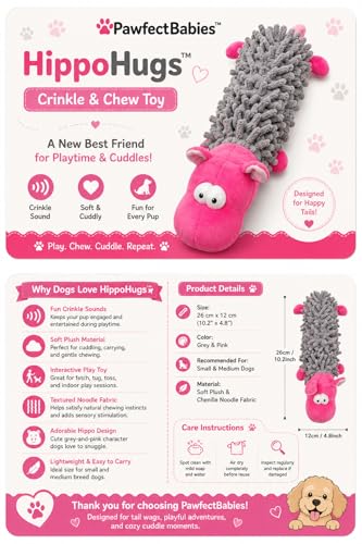 PawfectBabies HippoHugs Crinkle & Chew Toy for Dogs – Soft Plush Squeaky Dog Toy, Interactive Crinkle Toy for Small & Medium Dogs, Cute Pink & Grey Hippo Puppy Toy