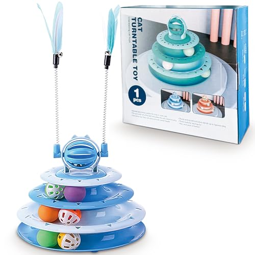 Vealind Cat Toy Roller 4-Level Turntable Cat Toys Balls with 14 Pcs Colorful Pom Pom Balls Interactive Fun Mental Physical Exercise Puzzle Kitten Toys (Blue) - color: Blue