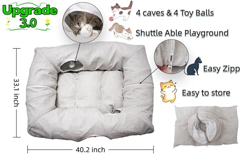 XxingSheep 4 Cave Premium Hemp Fabric XL Cat Tunnel Bed for Indoor Cats Cat Toys Cave Donut with Soft Mat - size: XL