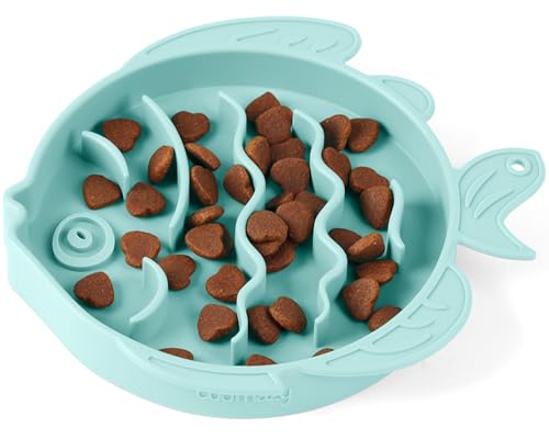 Coomazy Slow Feeder Cat Bowl Silicone Pet Puzzle Feeder for Slow Eating - color: Cyan, size: 1.2 Cups