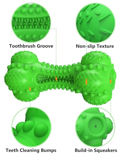 SCHITEC Squeaky Dog Chew Toy for Aggressive Chewers Large Breed, Tough Interactive Teething Rubber Bone for Big Medium Dogs - color: Green