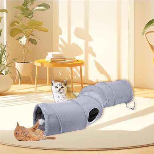 S-Shape Collapsible Cat Play Tube Toys with Plush Ball, Indoor Play Tunnel for Puppy, Kitty, Kitten, Rabbit - color: S-Shape