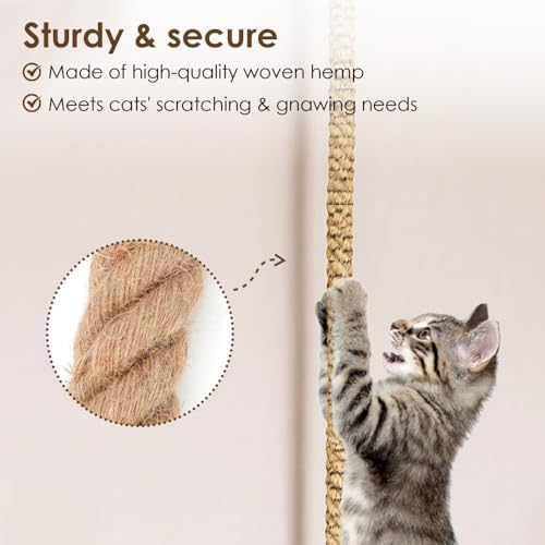 1.2" x 9.8Ft Cat Climbing Rope, Natural Hemp Rope with Heavy Duty Hook, Ceiling & Wall Mounted Exercise Toy for Indoor Outdoor Cats, Space-Saving Vertical Play Activity Center