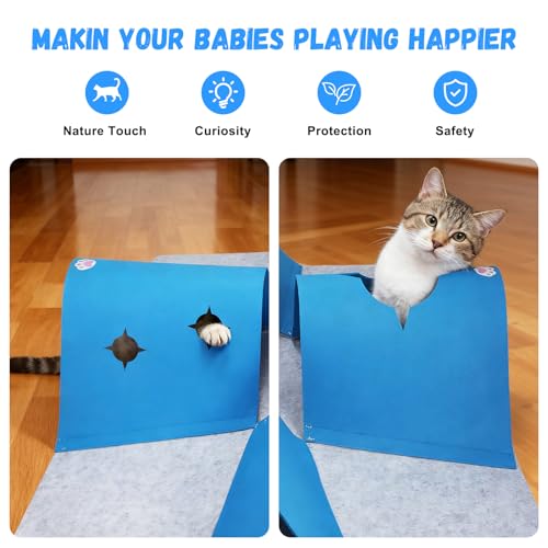 4-Way Cat Tunnels for Indoor Cats, Interactive Toys with Plush Ball - color: Grey-Blue