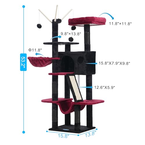 Hey-brother Cat Tree Tower with Padded Platform Bed, Hammock, MPJ019-SBR - color: Black and Red