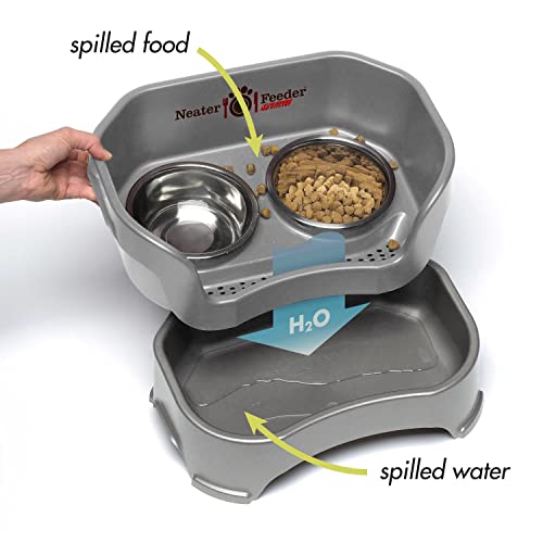 Neater Feeder Deluxe Mess-Proof Elevated Dog Bowls for Large Dogs (40+ lbs), 2 Height Adjustable (14.5” & 17.5”) No-Spill Raised Dog Bowl Stand, Stainless Steel Food Bowl Set, Made in USA, Gunmetal - color: Gunmetal, size: Large + Standard Bowl