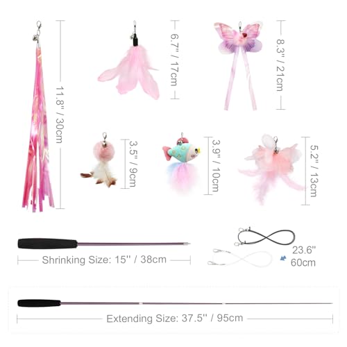 SONGWAY Cat Wand Toys for Indoor Cats - Cat Toy Set with Retractable Teaser Wand and 6 PCS Fairy Feather Toy Refills, Butterfly Tassel Plush Cat Toys Interactive, Pink - color: Pink