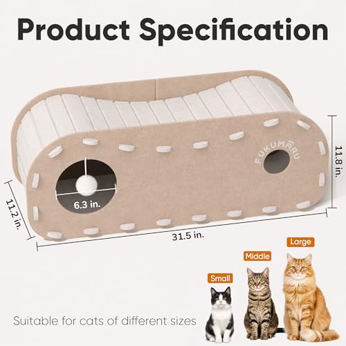 FUKUMARU Cat Bed Cave Tunnel, 31.5 Inch, Cat House Condo Indoor, Beige