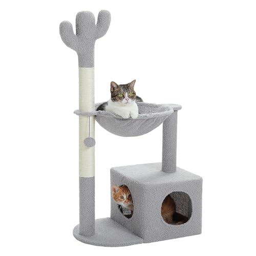 MUTTROS Cactus Cat Tree Cat Scratching Post 40" Cat Tower with Large Metal Carpet Hammock, Cat Scratching Post for Indoor Cats with Condo& Dangling Ball, Grey - color: Gray, size: 40"