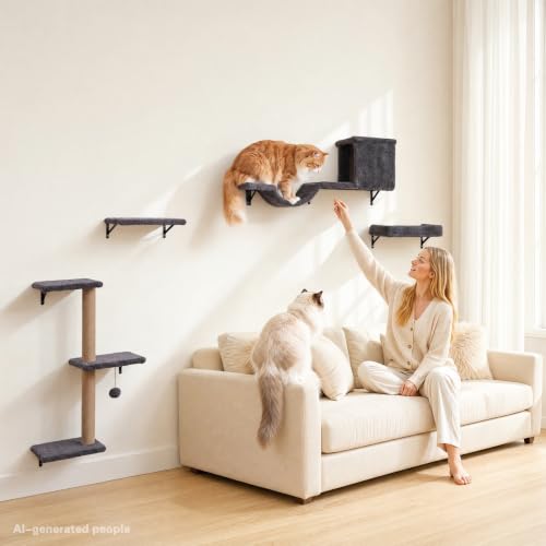 Cat Wall Shelves 6-in-1 Wall Mounted Cat Furniture 40 lbs, Dark Grey