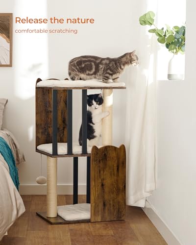 FourFurPets 35.4in 3-Tier Modern Cat Tree Tower Condo, Cat Scratch Posts for Indoor Cats, Big Plate, Two Full Sisal Scratching Posts, Rustic Brown - color: Rustic Brown, size: 19.1"L x 13.8"W x 35.4"H