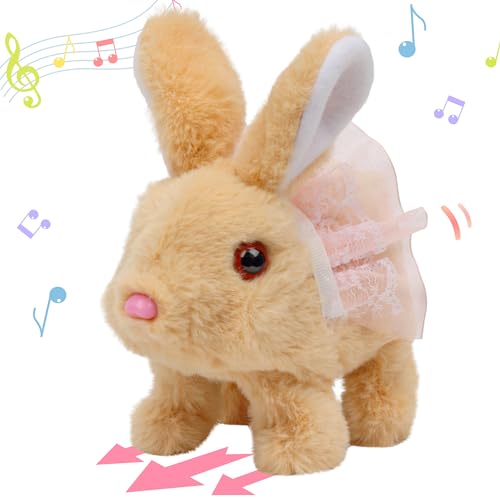 Hopearl Hopping Rabbit with Dress Interactive Electronic Pet Plush Bunny Toy with Sounds and Movements Animated Walking Wiggle Ears Twitch Nose Gifts for Toddlers Birthday, Brown, 7'' - style: Dress Bunny-Brown