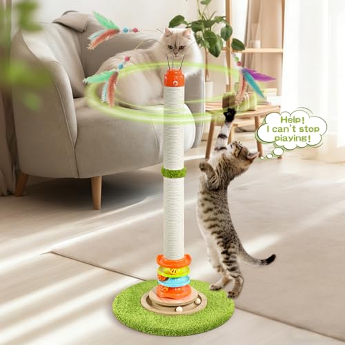 YARUOMY Tall Cat Scratching Post，40'' Cat Scratcher Tree Cat Toys for Indoor Cats with Cat Toys 4-Tier Roller Track，Automatically Rotating cat Teaser Wand，Hanging Balls for Kittens Adults Cats