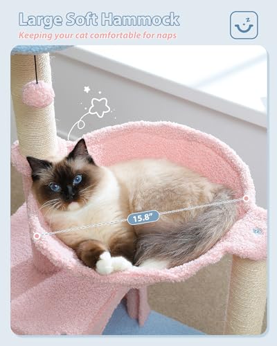 MUTTROS Flower Cat Tree with Large Metal Frame Hammock, 35" Pink Cat Tower with Sisal Scratching Posts for Small Indoor Cats, Cat Condo with Blue Top Perch for Kittens, Fluffy Ball, Pink - color: Blue, size: 35" Upgraded Flower Cat Tree