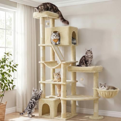 Feandrea Large Cat Tree, 74.1" Tall Sturdy Cat Tower for Indoor, Beige - color: Beige, size: 41.3"L x 17.7"W x 74.1"H
