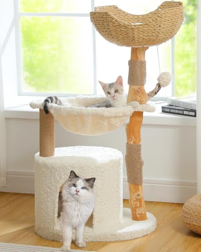 MUTTROS Modern Cat Tree for Large Cats, Wood Cat Tower for Indoor Cats, Real Branch Luxury Cat Furniture with Super Large Cozy Condo and Hammock & Scratching Post, Top Basket, White - color: Cloud White, size: 40"
