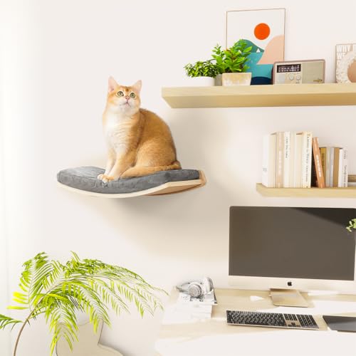 Curved Cat Shelves and Perches, Floating Cat Wall Bed with Comfortable Cushion - color: Wood Shelf+Grey Cushion