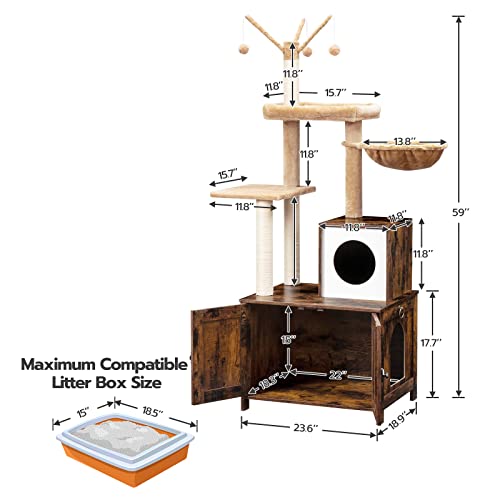 HOOBRO Cat Tree with Litter Box Enclosure for Indoor, Wooden Cat Condo with Scratching Posts, Hidden Litter Box Furniture, All-in-One Cat House, Rustic Brown FG15MZ03 - color: Rustic Brown