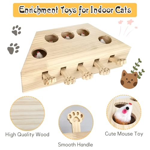 kathson Whack A Mole Cat Toy, Interactive Cat Toy Wood Kitten Puzzle Enrichment Box Catch Mice Game for Indoor Cat Exercise Relieve Boredom