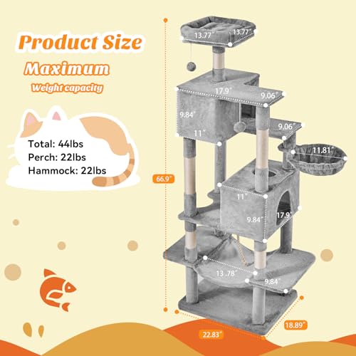 DUMOS Large 66 Inch Cat Tree Tower with Scratching Posts, Indoor Use - color: Light Grey, size: 66 Inch