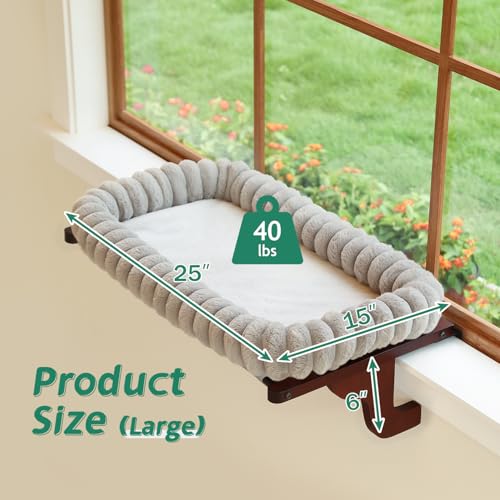 Zakkart SnugCloud Cat Perch for Windowsill (Dark Stained Wood/Gray, L) - color: Dark Stained Wood w/ Gray Bed, size: Large (25"x15")