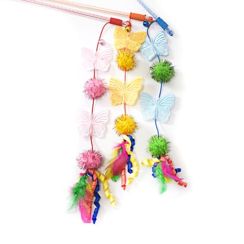 Cat Wand Toys, 3 PCS Vibrant Cat Teaser Wands with Butterfly, Pompom - Elastic Cord Feather Wands Cute Interactive Kitten Toy
