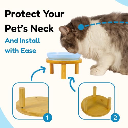 Elevated Ceramic Cat Bowls with Bamboo Stand for Cat Bowl, Whisker Friendly Shallow Cat Plate, Stable Raised Cat Food Riser for Indoor Cats (Blue, Set of 1) - color: Blue Plate with stand