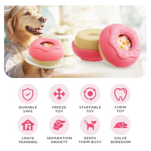 Dog Chew Toys for Aggressive Chewers, Freezable Stuffable Lick Toy with 2 Refillable Cups, Durable Donut Nylon Enrichment Toy for Boredom & Separation Anxiety, Medium Large Dogs 15-55 lbs - color: Pink