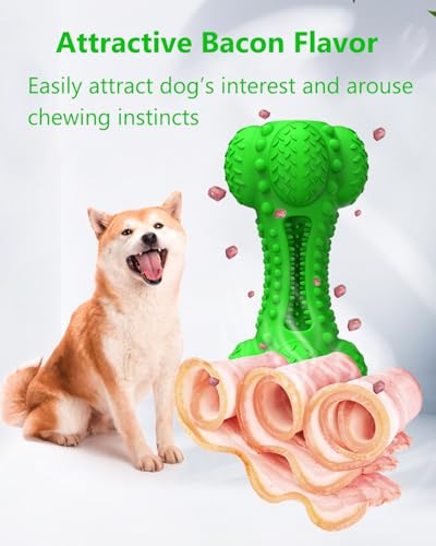 SCHITEC Squeaky Dog Chew Toy for Aggressive Chewers Large Breed, Tough Interactive Teething Rubber Bone for Big Medium Dogs - color: Green