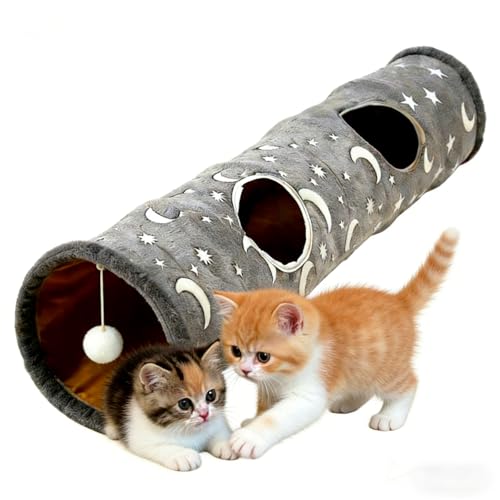 Glow-in-the-Dark Cat Tunnel for Indoor Cats Large Foldable Cat Play Tunnel with Hanging Ball 2 Peepholes Interactive Cat Toy for Kittens Pet Tunnel for Small Dogs Cat Tube for Indoor Cats - size: 2-Way Fluorescent Moon