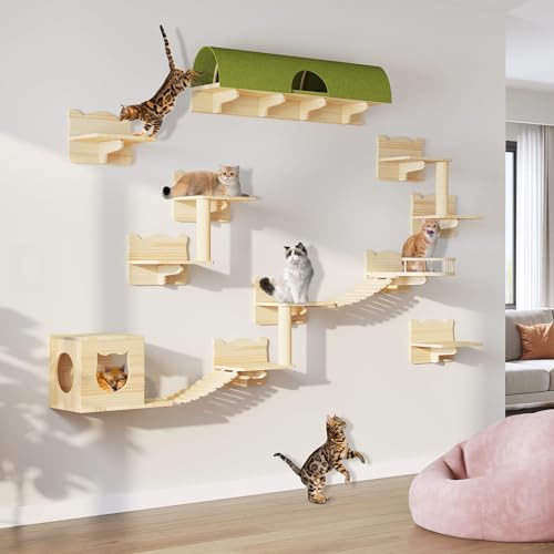 Cat Wall Shelves, 16-in-1 Cat Wall Furniture Set w/Tunnel & Bridge - color: Burlywood, size: 16 Piece Set