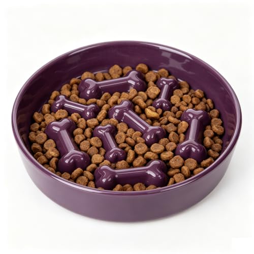 Ceramic Slow Feeder Dog Bowls, Ceramic Slow Feeder Maze Dog Food Bowl, Slow Eating Dog Bowl and Slow Feeder Dog Bowl Anti-Choking for Daily Pet Feeding （Purple Bone） - color: Purple Bone
