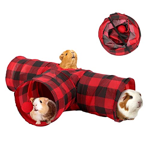 YUEPET 3 Way Bunny Hideout Tunnel, Guinea Pig Toys, Red Plaid - color: Plaid