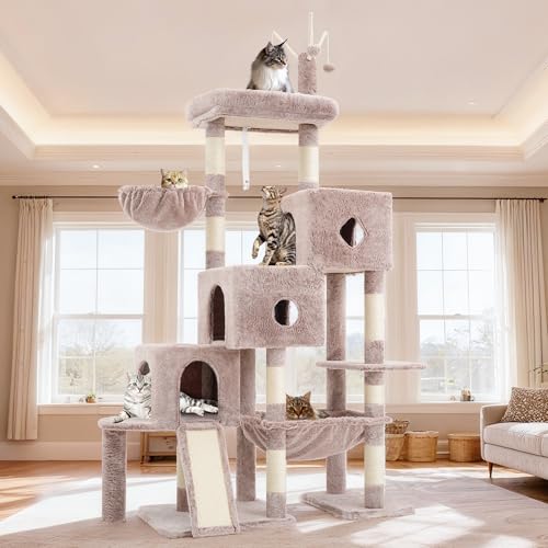 Hey-brother Cat Tree Tower with 3 Condos, Step Climbing Pathway MPJ081MU - color: Muchroom, size: 74.8 inches