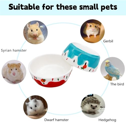 2 Pack Ceramic Guinea Pig Food Bowl Hamster Food Bowls for Gerbil Rat - color: Red + Blue