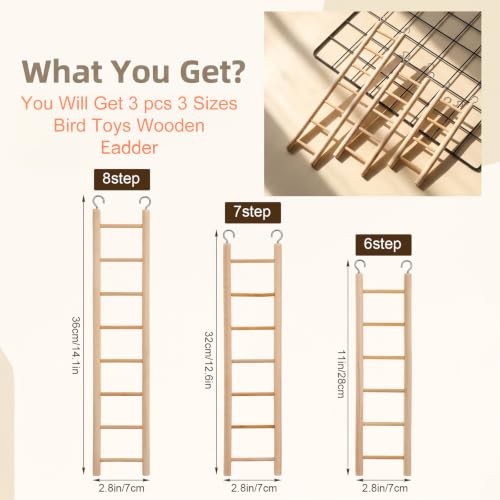 3Pcs Natural Wooden Bird Ladder Bird Cage Ladder for Cockatiels