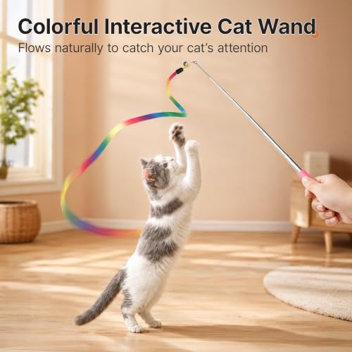 Potaroma Interactive Cat Wand Teaser Toy, Retractable, 4 Ribbons