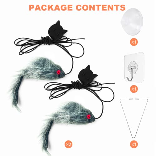 FYNIGO 2 Pcs Interactive Cat Toys for Indoor Cats & Kittens, Hanging Door Mouse Toy Set for Self Play, Bungee String Plush Mice with Clips, Hooks & Suction Cups