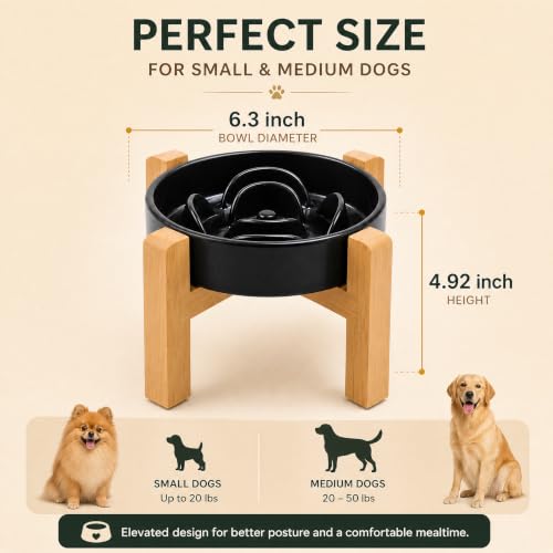 Elevated Ceramic Slow Feeder Dog Bowls Anti-Choking Slow Feeding for Small&Medium Size Anti-Slip Non-Lead & Toxic Durable Easy to Clean Maze Slow Feeder Bowl（8.26in Black Flower Pattern） - color: Black Flower Pattern, size: 1.6Cup