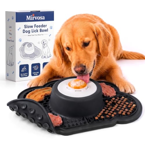 Anti-Slip Slow Feeder Dog Bowl and Lick Mat with Rolling Ball - color: Black