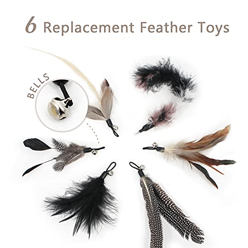 SONGWAY Interactive Cat Feather Toy Set - Retractable Teaser Wand with 6 Pcs Feather Refills with Bell, Cat Wand Toys for Indoor Cats Kittens Play Chase Exercise, Black - color: Black