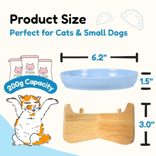 Elevated Slow Feeder Cat Bowl with Bamboo Stand, 6.3'' Ceramic Cat Food Bowl, Raised Whisker Friendly Cat Dish for Wet & Dry Food, Dishwasher Safe Anti-Slip Feeder for Cats & Small Dogs (Blue) - color: Blue with Stand