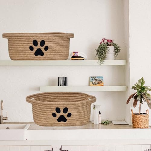 Small Woven Dog Toy Basket with Handle, Cute Paw - color: jute