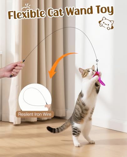 Pawaboo Cat Feather Wand Interactive Toy, 2 Feathers + 1 Wand with Bell - color: Rose + Red Brown