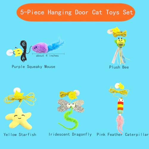 5-Piece Hanging Door Cat Toys for Indoor Cats - Interactive Retractable Elastic Cat Teaser Toys with Suction Cup, Assorted Plush Toys for Kitten Boredom Relief, Exercise and Hunting Instinct