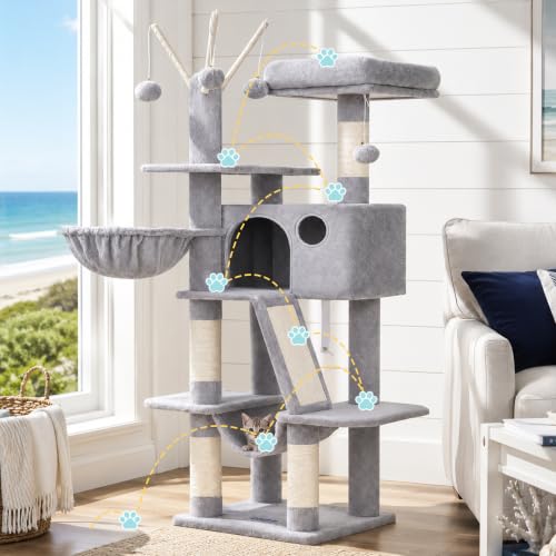 Hey-brother Cat Tree Tower with Padded Platform Bed, Hammock, MPJ019-SW - color: Light Gray