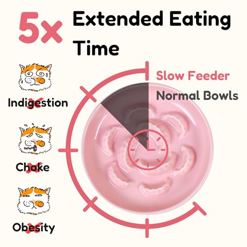 2 Pcs Ceramic Cat Slow Feeder Bowl Set, Dumpling Shape Cat Food Plates, 6.2" W Wide Shallow Whisker Friendly Slow Feeding Cat Bowls for Dry Food, Wet Food & Treats, Dishwasher Safe, White & Pink - color: Pink + White